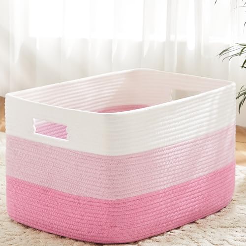 Artfeel Blanket Basket,Rectangle Woven Baskets for Storage,65L Laundry Basket for Decorative Nursery Blanket,Toys,Dirty Clothes and Magazine in Shelves,Baby Room,and Living Room - color: Pink, size: 65L