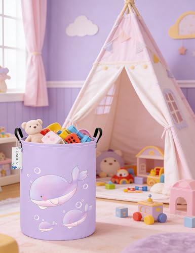 Round Purple Whale Laundry Hamper, Storage Basket for Adults and Kids - color: Round Purple Whale