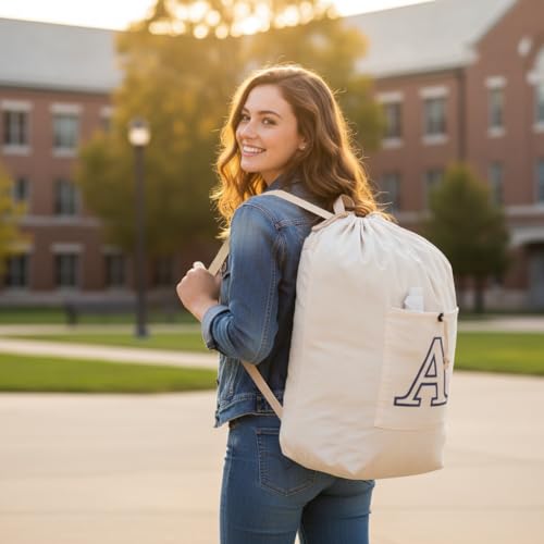 Laundry Bag Backpack Personalized Initial Design Canvas Laundry Bag with Straps & Drawstring Closure Dirty Cloth Hamper Bag for College, Travel, Laundromat, Camping (Letter A) - color: Letter A, size: X-Large