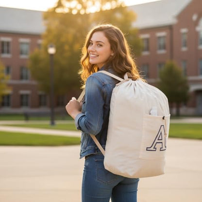Laundry Bag Backpack Personalized Initial Design Canvas Laundry Bag with Straps & Drawstring Closure Dirty Cloth Hamper Bag for College, Travel, Laundromat, Camping (Letter A) - color: Letter A, size: X-Large