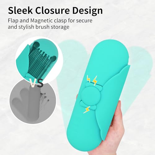 Travel Silicone Makeup Brush Holder with Cleaning Pad and Magnetic Closure - color: Ocean Blue