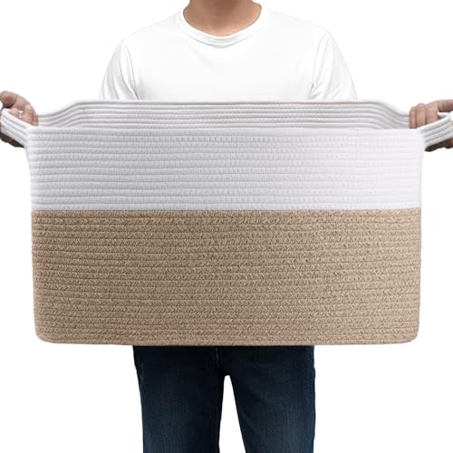 75L Large Basket 22" x 17" x 12",Large Blanket Basket with Handle,woven Cotton Rope baskets for storage,Storage Baskets for Organizing - color: Brown&White