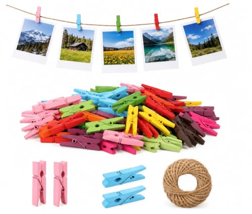 jijAcraft 1.4Inch Mini Clothes Pins - 100Pcs Wooden Clothespins with String - color: Colored, size: 1.4 inch, 100 pcs