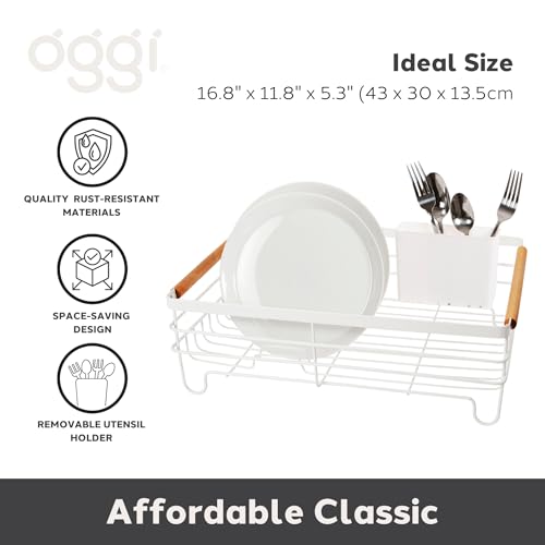 Oggi Large Dish Drying Rack - White & Bamboo Dish Drying Rack, Drying Rack Kitchen, Dish Rack, Dish Racks for Kitchen Counter, Durable Coated Metal Kitchen Drying Rack with Cutlery Holder - color: White / Bamboo