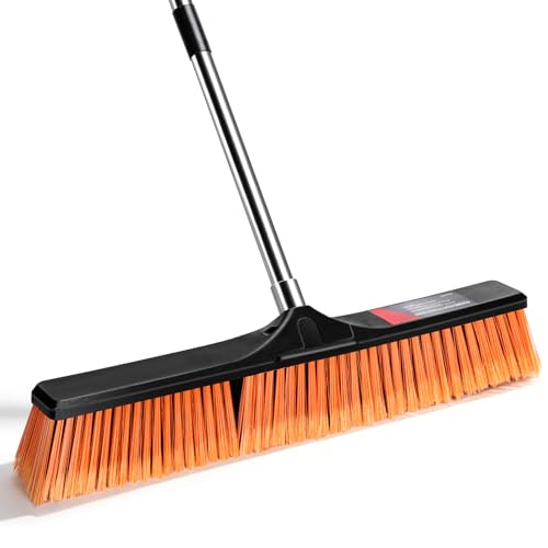 24" Push Broom Outdoor, Heavy Duty Garden Brush Broom with 58" Long Handle - color: Push Broom Orange