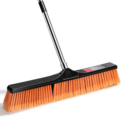 24" Push Broom Outdoor, Heavy Duty Garden Brush Broom with 58" Long Handle - color: Push Broom Orange
