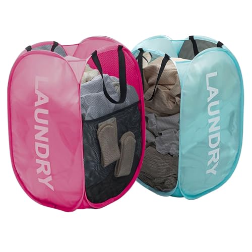 Mesh Popup Laundry Baskets, Collapsible Laundry Hampers, 2 Pack Clothes Hampers Storage Basket for Home, Bathroom, College Dorm, RV Cruise, Travel (Pink + Blue) - color: Pink + Blue