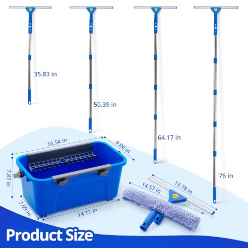 Window Cleaning Kit with Bucket, 76" Extension Pole, Squeegee & Scrubber