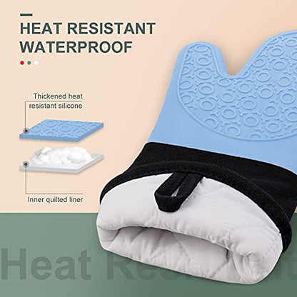 Silicone Oven Mitts - 14.6" Heat Resistant Oven Gloves for Baking, Cooking - color: Sky Blue & Black, size: 14.6in Oven Mitts