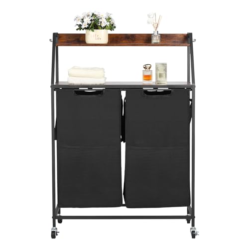 VEVOR 2 Tiers Laundry Sorter, Tall Laundry Hamper with Metal Frame and Wooden Tabletop, 2 Section Rolling Basket Organizer Storage with Ladder Shelves and 600D Oxford Cloth Bags for Dirty Clothes - style: 2 Tiers