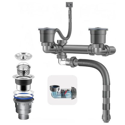 Double Sink Drain Kit Space Saving Kitchen Sink Drain Kit Expandable Flexible 1 1/2" P-Trap Pipe 3-1/2 Inch Sink Drain Assembly Kit with 4-Way Fitting Adapter for Dishwasher - size: Double Sink Drain Kit