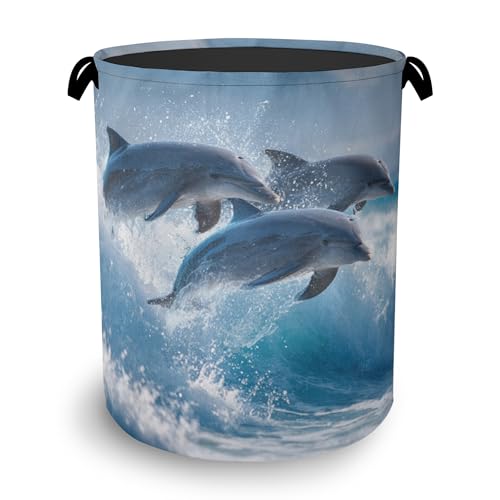 Dolphin Laundry Basket,Ocean Foldable Oxford Cloth Tote Bag Laundry Hamper Clothes Storage Bucket Organizer for Bedroom Laundry Storage Dormitories 16" x 20.8" - color: Dolphin Ocean