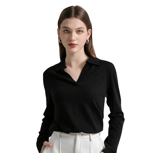 GreenMount Women's Deep V-Polo Casual Loose Cashmere Sweater Pullover Lapel Long Sleeve for Women Keep 37.5° Warm - color: Black(spring/Summer), size: X-Large