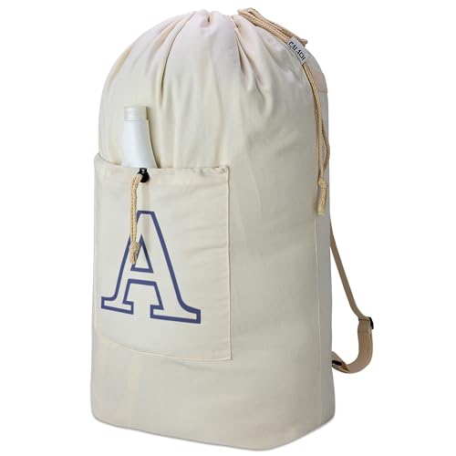 Laundry Bag Backpack Personalized Initial Design Canvas Laundry Bag with Straps & Drawstring Closure Dirty Cloth Hamper Bag for College, Travel, Laundromat, Camping (Letter A) - color: Letter A, size: X-Large