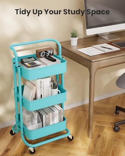 Pipishell Metal 3 Tier Rolling Cart with Handle & Wheels, Turquoise - color: Turquoise, size: 3-Tier