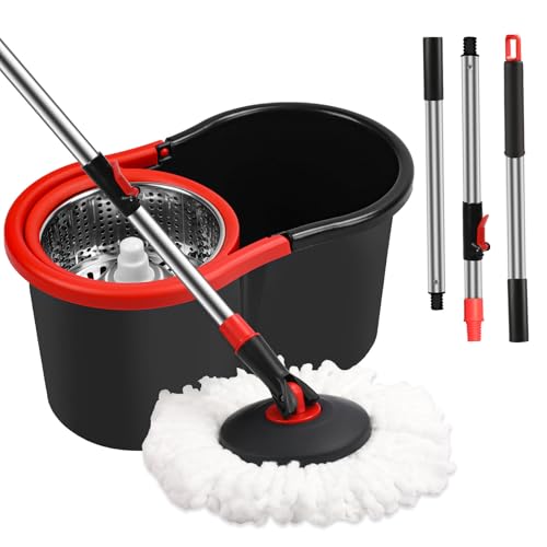 Spin Mop and Bucket with Wringer Set, 1 Microfiber Refill Included, 50 Inch Extended Handle, Floor Cleaning