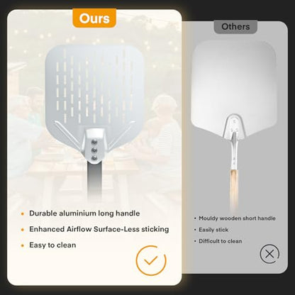 4PCS Pizza Oven Accessories, Yofuly 12 Inch Perforated Pizza Peel, 9 Inch Round Turning Peel, Pizza Stone Cleaning Brush with Scraper, Rocker Cutter, Homemade Pizza Supplies Tools Kit