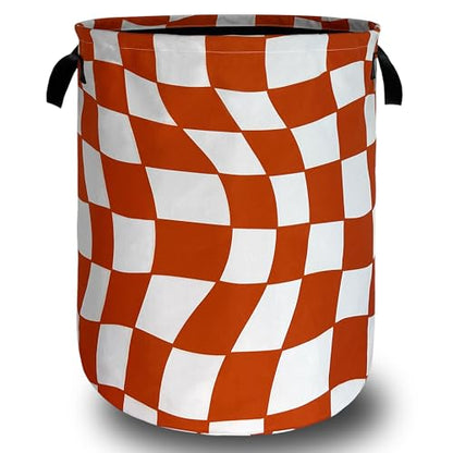 Orange Checkerboard Laundry Basket Oxford Cloth Foldable Hamper 18.9x16.5In - color: Orange Checkerboard Pattern