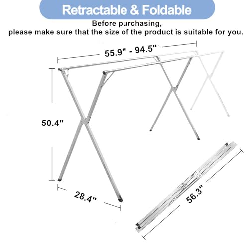 94.5in Premium Stainless Steel Clothes Drying Racks, Foldable and Adjustable Laundry Drying Rack Clothing for Indoor Outdoor (94.5" D x 28.4" W x 50.4" H) - size: 94.5in