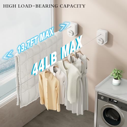 CICUFY Retractable Clothesline Indoor, Non-Sagging Clothes Line Outdoors,13.8 Ft Heavy Duty Clothesline with Telescopic Hanging Rod, Wall Mounted Space-Saving Laundry Line (White) - color: White