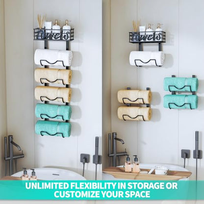 HapiRm Over The Door Towel Rack - 6 Tier Wall Mount Rolled Towel Holder Storage Organizer Shelf with Storage Basket for Small Bathroom, Rv, Camper - Black - size: 6-Tier Wall Mounted