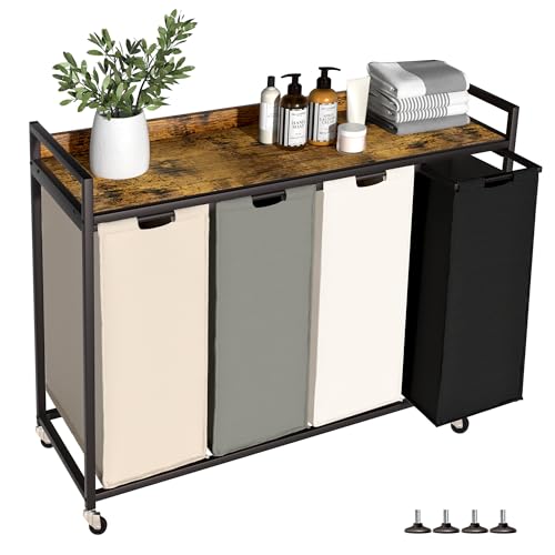 Herture Laundry Hamper with Shelf, Laundry Basket 4 Section, Laundry Sorter with Pull-Out Removable Large 4 Color Bags and Movable Wheels, Metal Frame, 4 x 15.87 Gallons (60L), Rustic Brown PF07XLN - color: Rustic Brown + 4-Color, size: 4 Bags-240 L