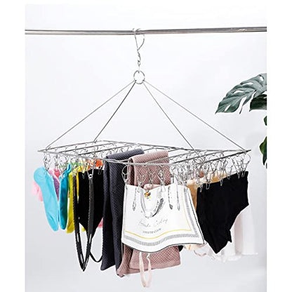 Folding Clothes Drying Hanger 36 Clips Stainless Steel Space-Saving Dryer Rack Washline with Peg for Sock, Underwear, Baby Clothes, Diapers and Hanging Small Washes