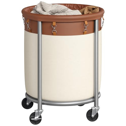 SONGMICS Laundry Basket with Wheels, 29 Gal., Steel Frame, Removable Bag - color: Coffee Brown + Cream White, size: 110 L (1-Section)