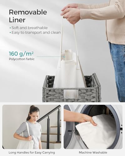 Laundry Basket with Lid, 110 L Large Capacity Hamper, Rattan Laundry Basket with Compartments & Handles, Foldable, Removable Liner, Dove Gray - color: Dove Gray, size: 110 L