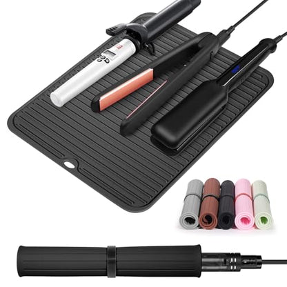 Large Heat Resistant Silicone Mat for Hair Tools: Curling Iron, Flat Iron, Hair Straightener - Portable Hair Styling Pad Cover - color: Black