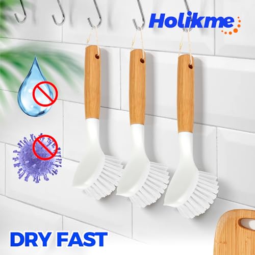 Holikme 3 Pack Dish Brush with Bamboo Handle Cleaning Brush,White - color: White