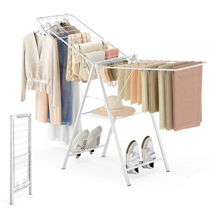 APEXCHASER 6 Height Adjustable Clothes Drying Rack with Shoe Slots, White - color: White