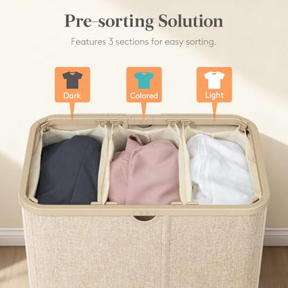 Lifewit 185L 3 Section Laundry Hamper with Lid, Laundry Basket, Beige - color: Beige, size: 185L