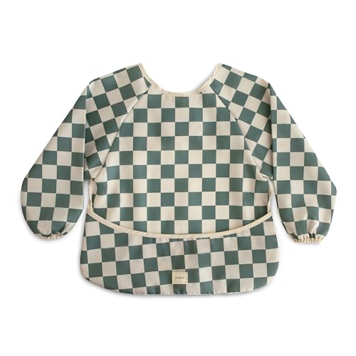 mushie Long Sleeve Baby Bib | Water Resistant Adjustable Fit - color: Olive Check