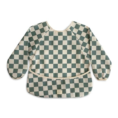 mushie Long Sleeve Baby Bib | Water Resistant Adjustable Fit - color: Olive Check
