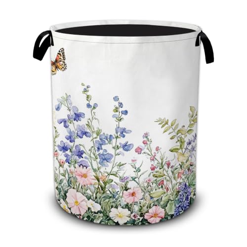 Wildflowers Laundry Basket,Flowers Butterfly Foldable Oxford Laundry Hamper with Handles,Portable Clothes Tote Bag Clothes Storage Bucket Organizer 20.8" x16" For Bathroom/Laundry Storage/Bedroom - color: Wildflowers Flowers Butterfly