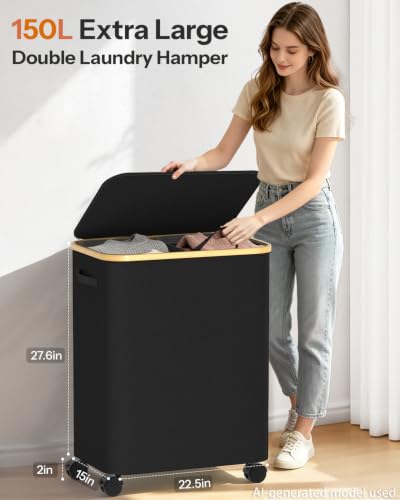 Double Laundry Basket with Wheels and Lid, 150L Clothes Hampers for Laundry - color: Black, size: 150L