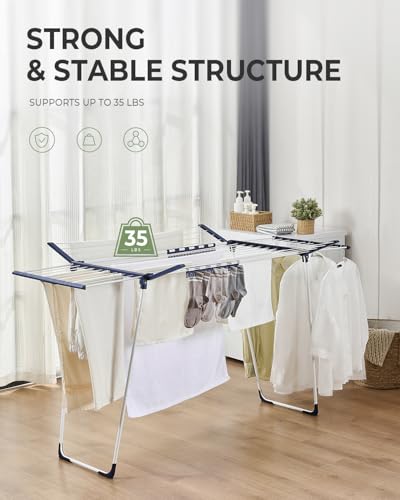 JS HANGER Extendable Clothes Drying Rack with Fold-Out Wings & Sock Clips, Expands from 41" to 67", Extra Wide Laundry Drying Rack Indoor Outdoor, Folding Rack for Clothes, Towels & Delicates - color: White-extendable & Fold Out Wings