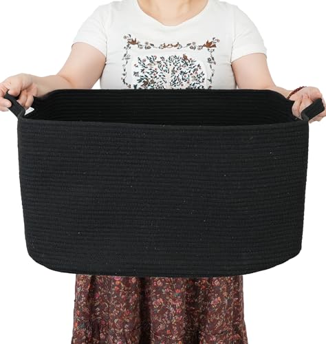 XUANGUO Large Rectangle Woven Cotton Rope Blanket Basket 22"x17"x12" Black - color: black