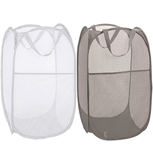BATTOO Deluxe Strong Mesh Pop up Laundry Hamper Basket with Side Pocket Foldable Hamper for Laundry Room, Bathroom, Kids Room, College Dorm or Travel Grey + White - color: Grey+White