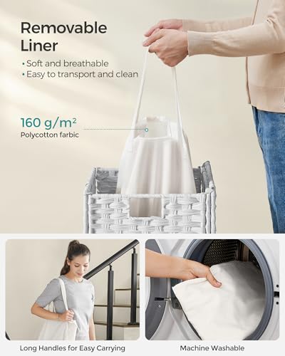 SONGMICS Laundry Hamper with Lid, 23.8 Gal (90 L) Synthetic Rattan,Foldable - color: Cloud White, size: 90 L