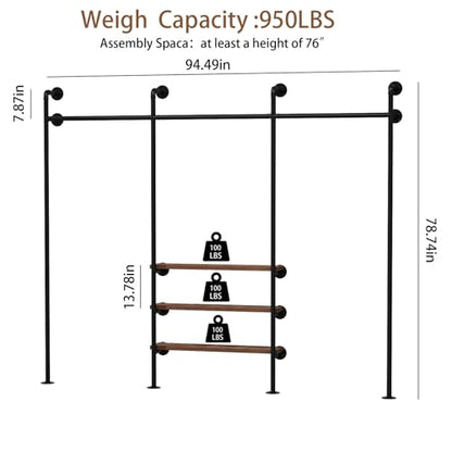 HOMEKAYT Industrial Pipe Clothes Rack,Wall Mounted Clothing Rack with Shelves, Heavy Duty Multi-Purpose Storage Clothes Hanging Shelf - 94.5''L Black - color: black, size: 94.5''L-A