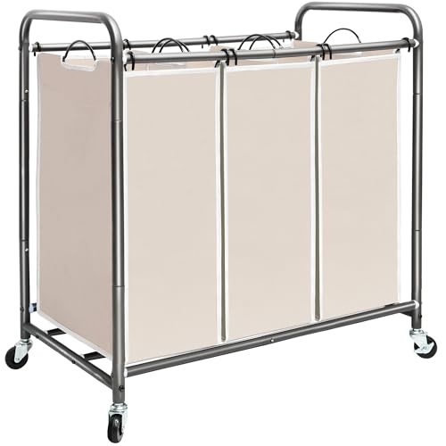 STORAGE MANIAC 3 Section Laundry Sorter, 35.6 Gal (135 L) Laundry Hamper Cart with Heavy Duty Rolling Lockable Wheels and Removable Bags, Clothes Organizer Basket Separator Hamper, Beige - color: Beige, size: 3 Section
