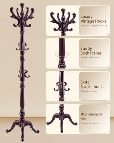 Wooden Coat Rack Stand, Solid Wood Freestanding Coat Rack, Vintage Coat Racks with 14 Hooks & Triangle Base, Heavy Duty Standing Coat Hanger Jacket Tree Stand for Office, Entryway, Hallway - color: Dark Red