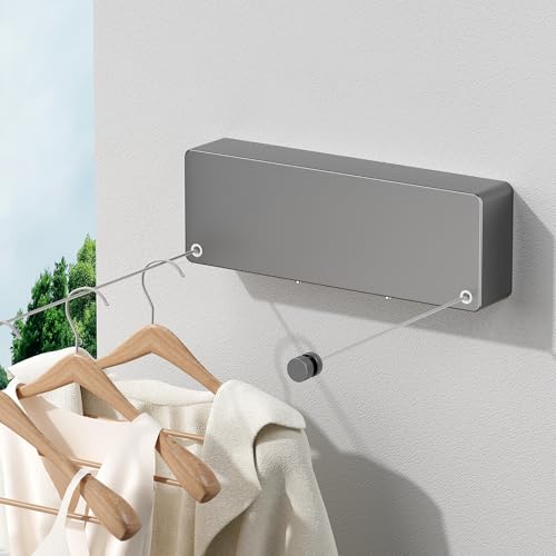 Retractable Clothesline Indoor, Non-Sagging Clothes line retracting Outdoor, Heavy Duty Wall Mounted Laundry Line Adjustable Stainless Steel for Laundryroom, Bathroom, 15.8 Feets Double Lines Grey - style: Gray