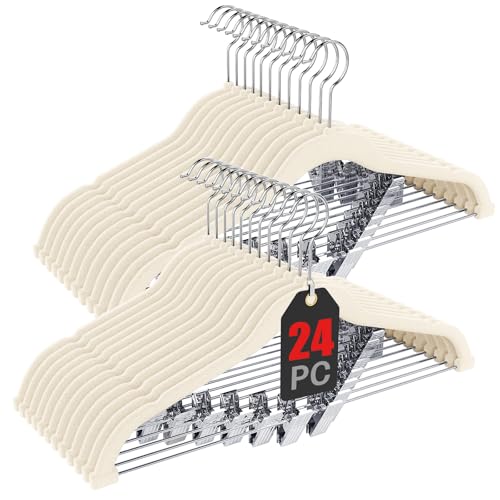 Korpai 24-Pack Beige Velvet Hangers with Clips Adjustable,Adult Hangers,Outfit Hangers,Heavy-Duty,Non-Slip,Space Saving, Felt Hanger for Pants, Skirts, Suits,Coats, Dresses ect. - color: Beige