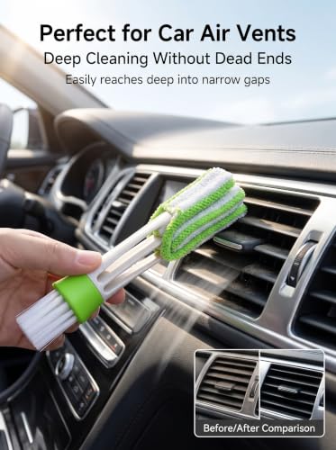 3 PCS Car Air Vent Cleaner Brush, Nylon Double Ended Design AC Vent Duster with Detachable Cloth, Multifunctional Crevice Cleaning Tool for Dashboard, Keyboard and Household (Green)