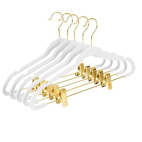MIZGI Premium Velvet Pants Hangers with Adjustable Clips (Pack of 20) Slim Skirt Hangers- Non Slip Felt Outfit Dress Hangers White - Gold Hooks,Space Saving Shirt Clothes Hangers - color: White/Gold, size: 20-Pack