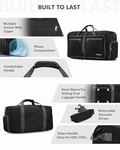 Gonex Foldable Travel Duffle Bag, Lightweight with Shoe Compartment - color: Black, size: 40L