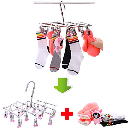 Drying Hanger, Hanging Drying Rack, Drip Hanger Stainless Steel with 18 Pegs for Laundry Underwear Socks, Quickly Remove Clothes from Hanger, Windproof, Folding Portable, (Red) - color: Red